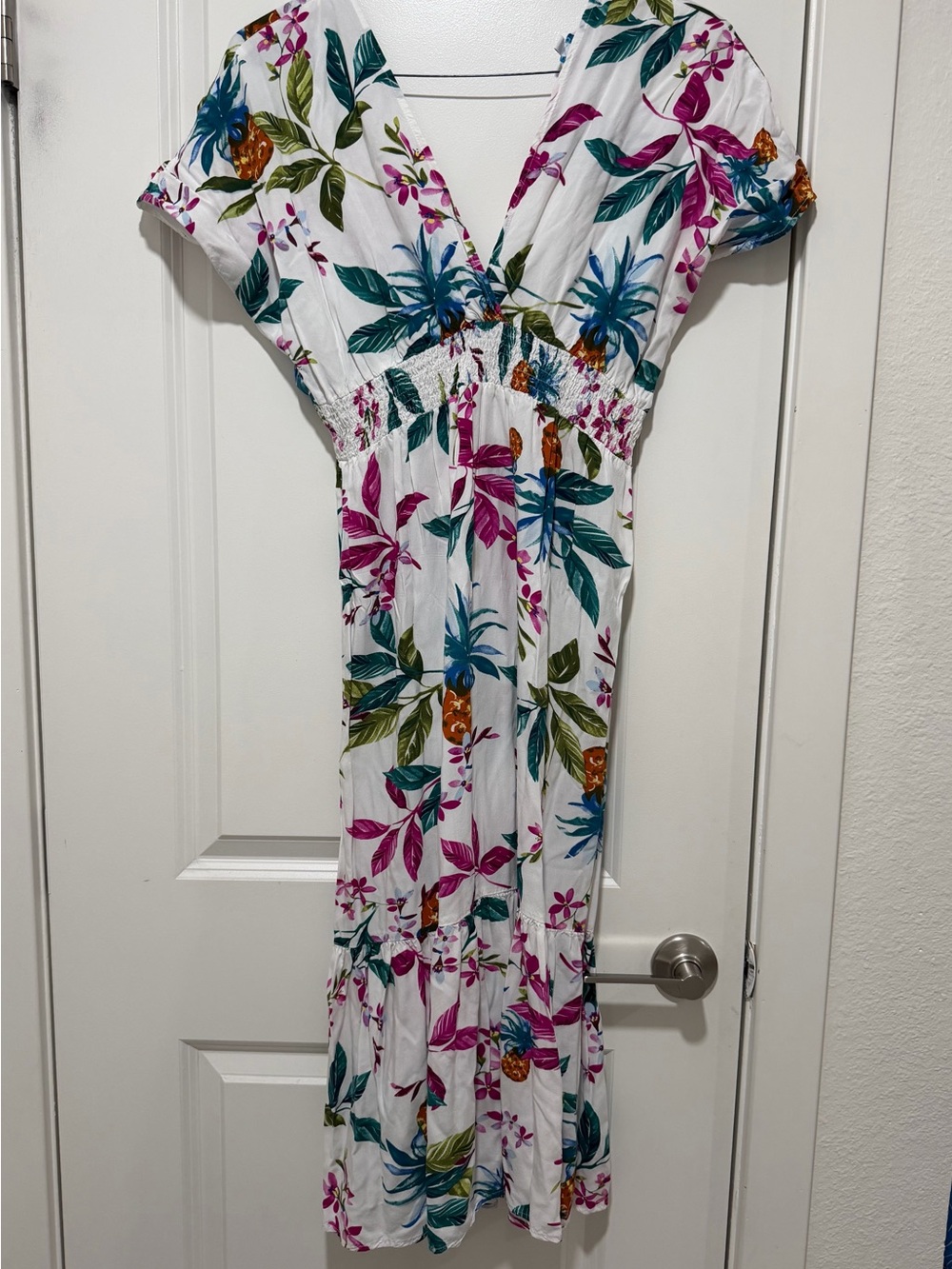 blue island White Floral Dress with Pink and Green Tropical Print